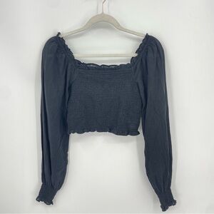 Women's Aerie Smocked Puff Sleeve Square Neck Black Crop Top Size XS